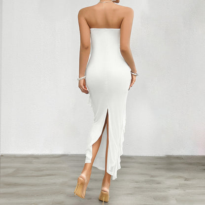 Women’s Strapless Dress – Bodycon Fit – Full Length – Asymmetrical Ruffle Design