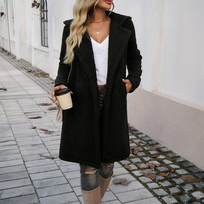 Women’s Knitted Coat – Loose Fit – Hooded – Textured Knit – Mid-Length Layering Piece