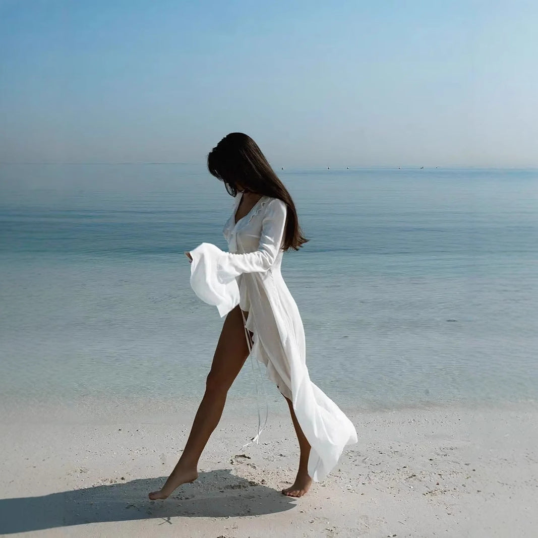 Sheer Ruffled Trim Open Front Cover-Up Dress