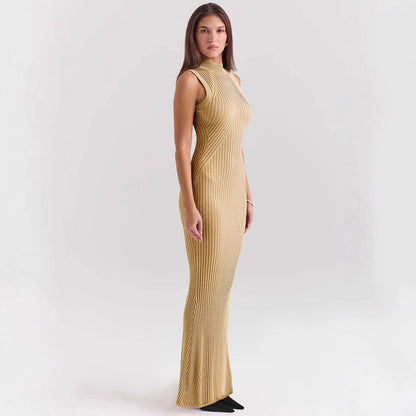 Women’s Knit Dress – Sleeveless Turtleneck – Ribbed Form-Fitting – Mermaid Hem