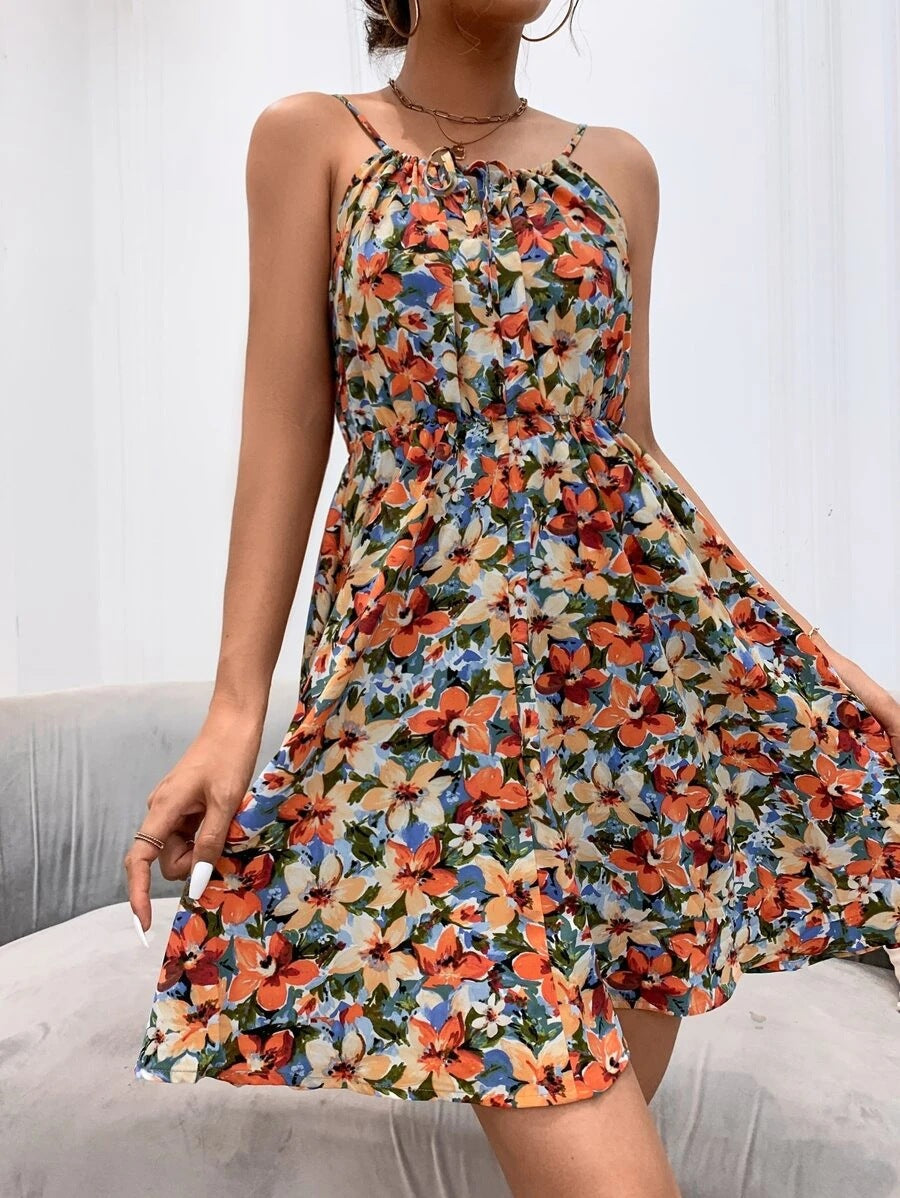 Women's Sundress - Flowy Lightweight Fabric - Spaghetti Straps - Gathered Neckline