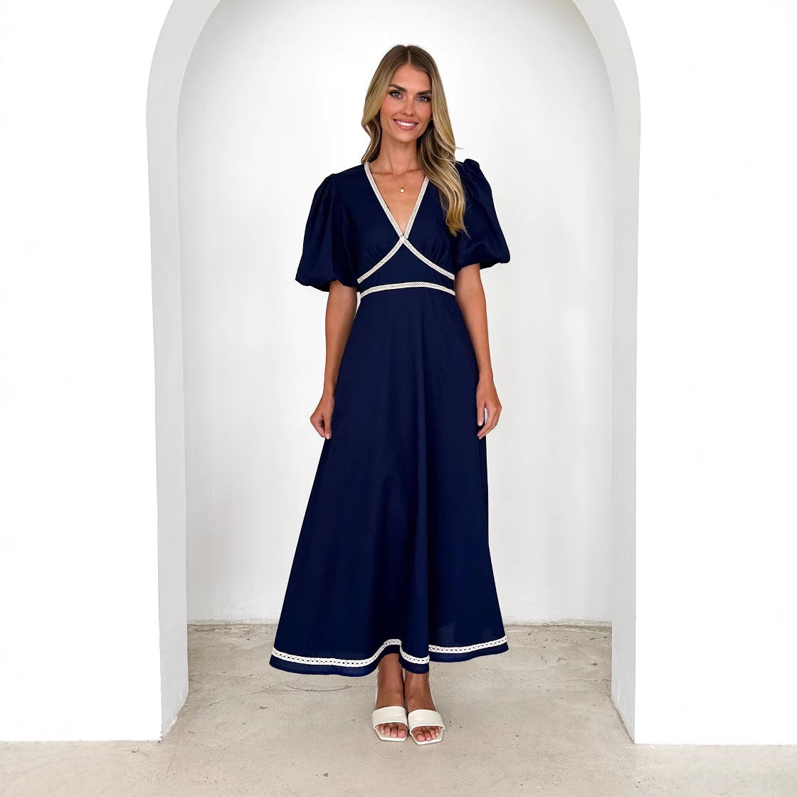 Lace Trim Fitted Cotton Blend Dress