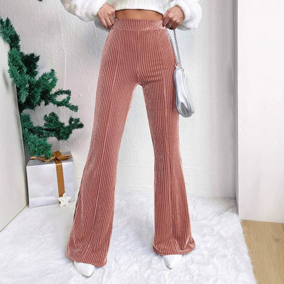 Women’s Flared Pants – High Waist – Ribbed Stretch Fabric – Wide Leg Floor Length