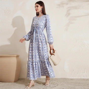 Long sleeve tie-waist boho maxi dress for women