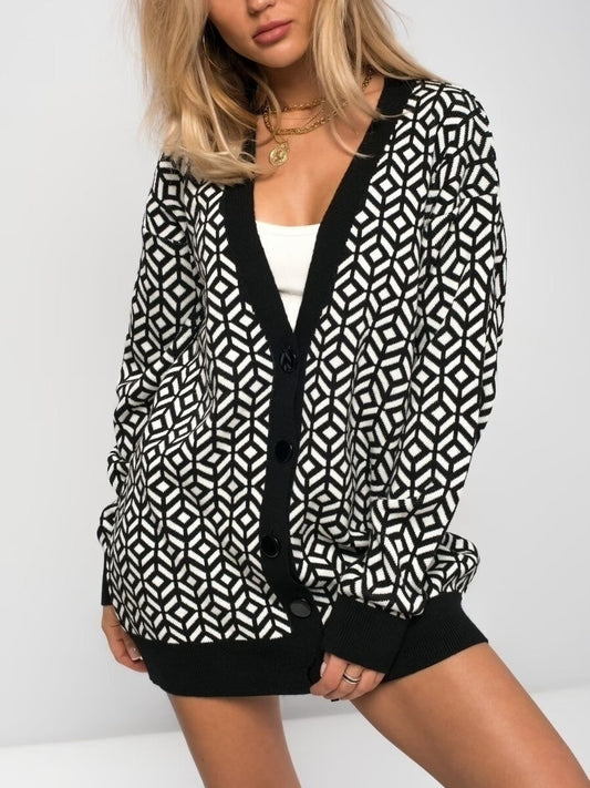Oversized Geometric Wool Knit Cardigan 