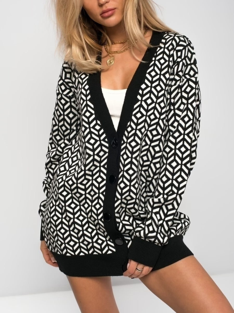 Oversized Wool Blend Geometric Knit Cardigan 