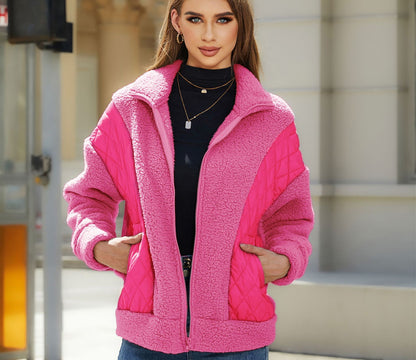 Women's plush zip-up spliced velvet jacket