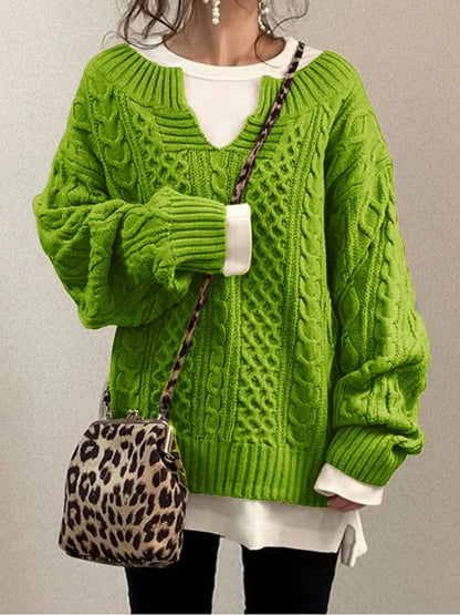Women's retro knit v-neck twist-pattern sweater