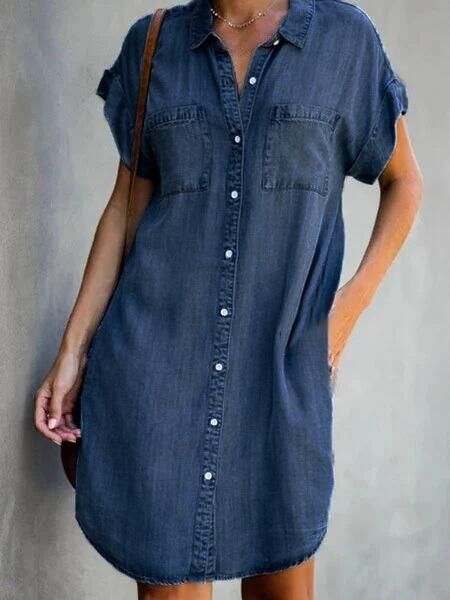 Women's Denim Shirt Dress - Button Down - Short Sleeve - Collared Casual Fit