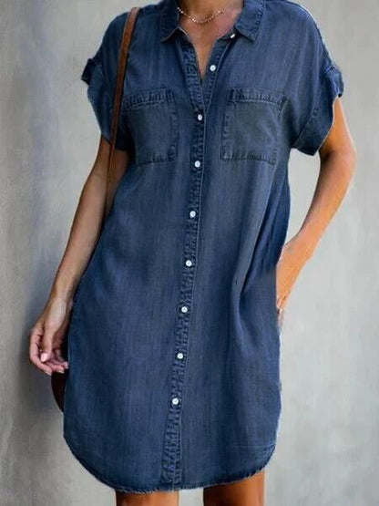 Women's Denim Shirt Dress - Button Down - Short Sleeve - Collared Casual Fit