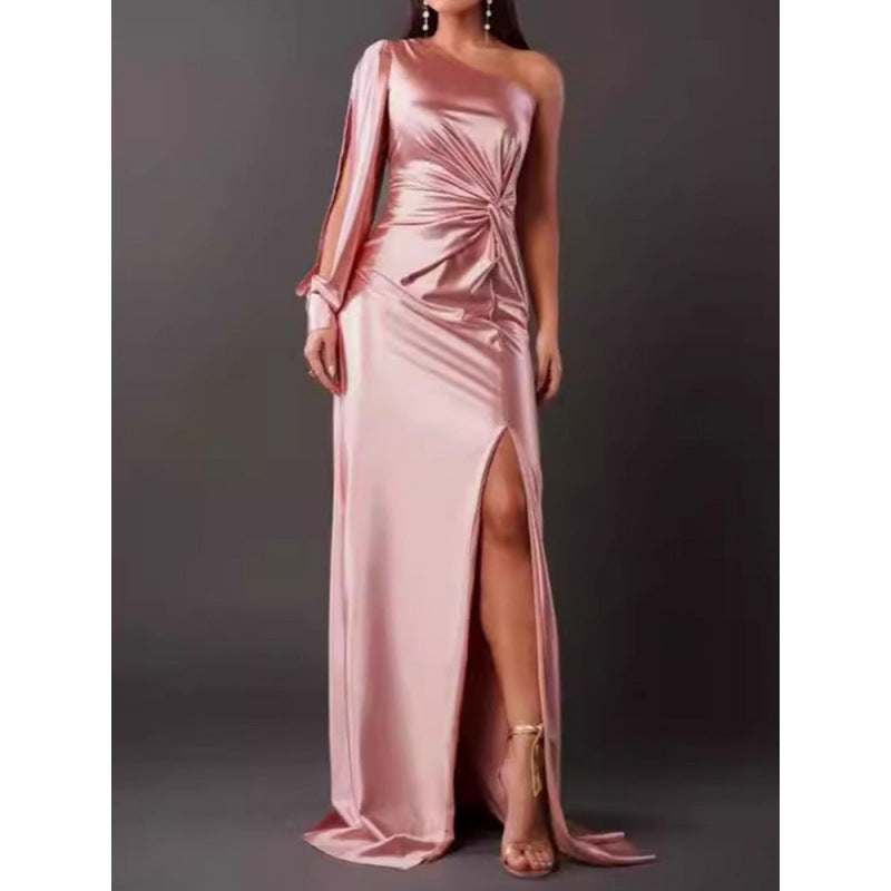 Satin Finish One Shoulder Maxi Dress