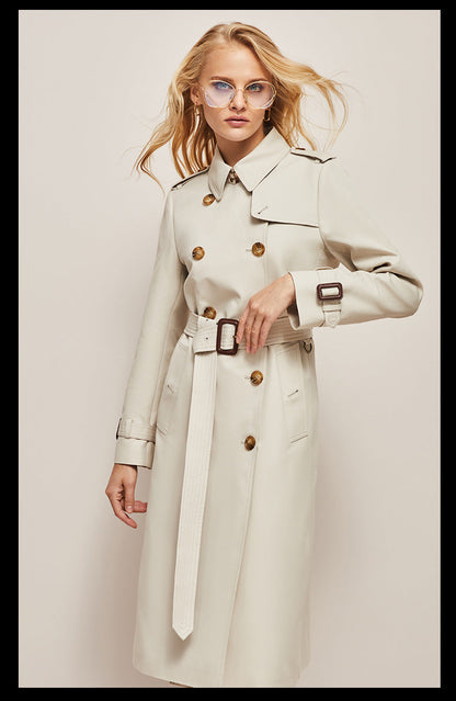 Women's waist-cinched windbreaker trench coat