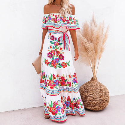 Women’s Maxi Dress – Off-Shoulder Ruffle Top – Floral Print – Belted Cotton Blend