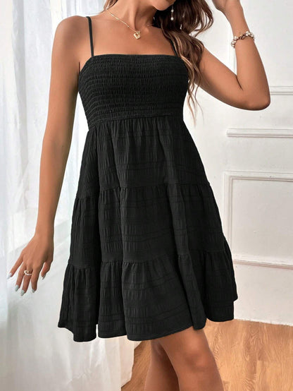 Women’s Short Dress – Smocked Bodice – Sleeveless A-Line – Tiered Cotton Blend