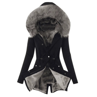 Women’s Jacket – Slim Fit – Plush-Lined Hood – Adjustable Waist – Mid-Length – Button Front