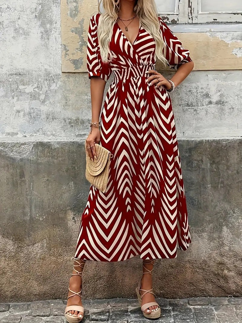 Women’s Midi Dress – A-Line Fit – V-Neck Wrap – Puff Sleeve – Woven Belted Waist