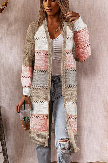 Women’s Knit Cardigan - Long Open Front - Loose Fit - Striped Textured Casual Layer