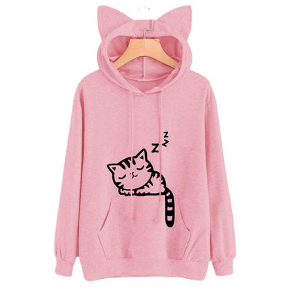 Women’s Hooded Sweatshirt – Loose Fit – Plush Feel – Cat Ears – Kangaroo Pocket