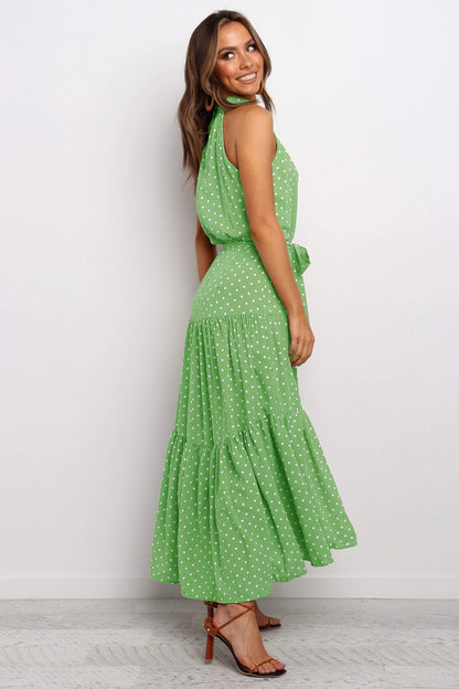 Women's Polka Dot Halter Maxi Dress – Elegant & Lightweight A-Line Fit
