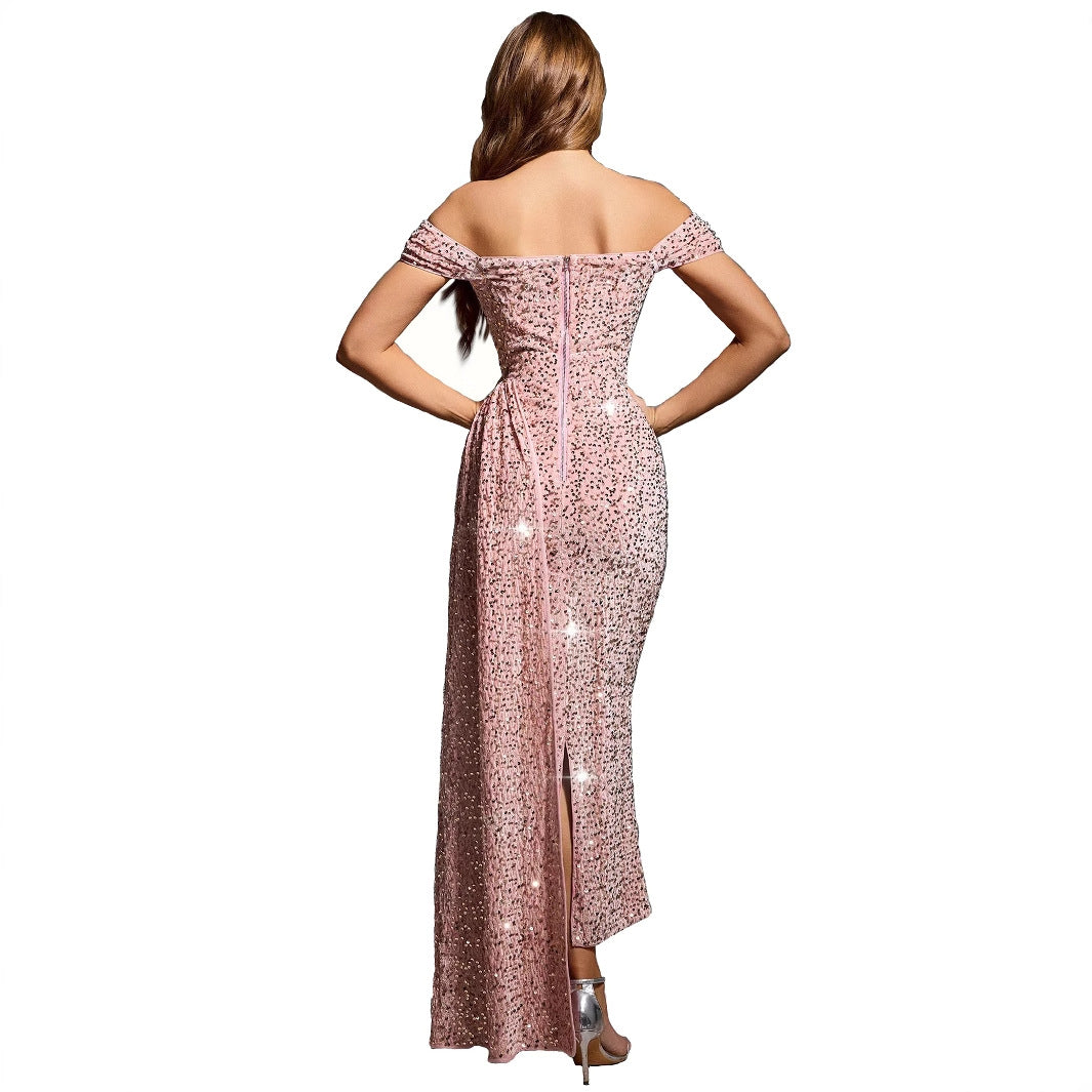 Women’s Evening Gown – Off-Shoulder – Fitted Sequin – Full Length – Draped Overlay