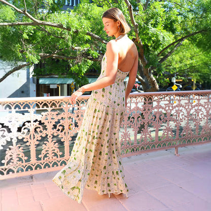 Women’s Halter Maxi Dress – Smocked Bodice – A-Line Fit – Tiered Skirt – Cotton