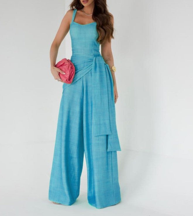 Women’s Jumpsuit – Sleeveless Square Neck – Wide Leg – Adjustable Waist – Linen Blend