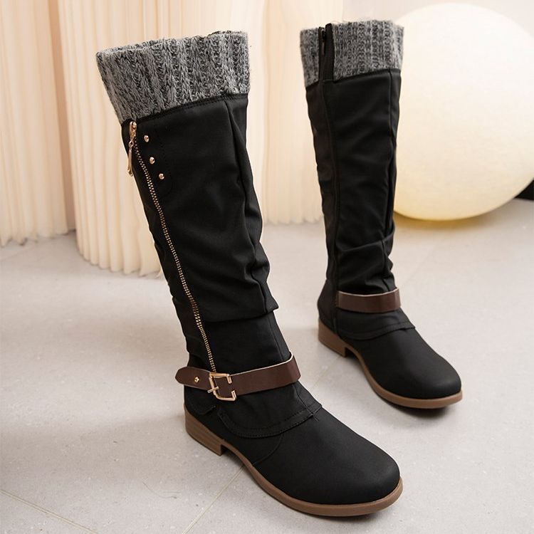 Women's leather side zip low heel knight boots