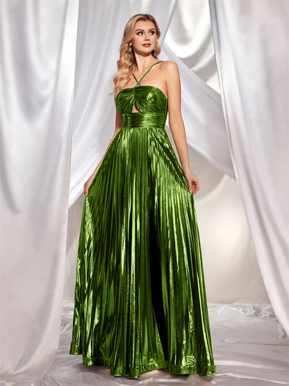 Women's Evening Dress- Metallic Gold Finish - Halter Neck - Floor-Length