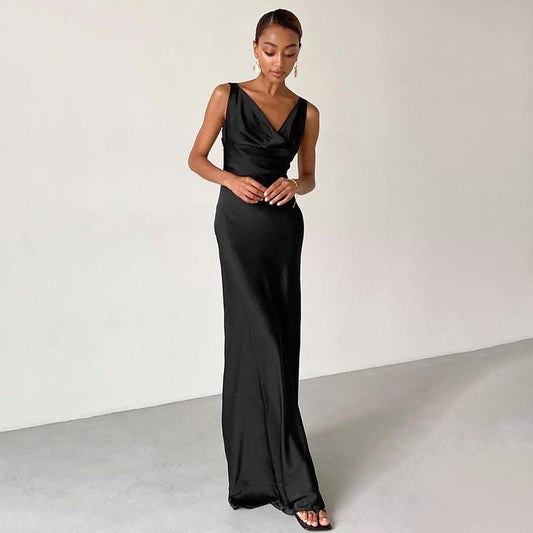 Slim Fit Draped Neckline Satin Gown