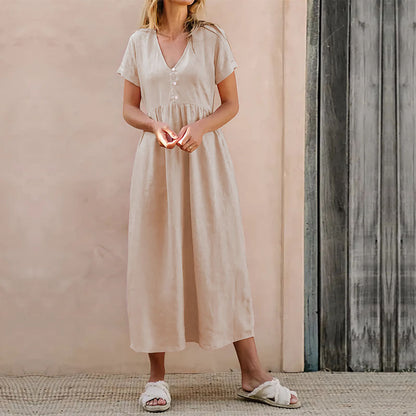 Women’s Midi Dress – V-Neck Button Front – Loose Fit – Cotton Linen Blend
