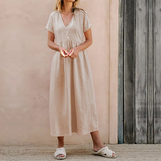 Cotton Linen Blend Loose Fit Midi Dress