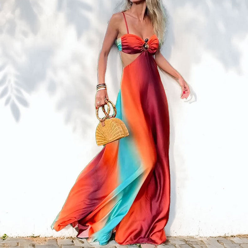 Flowy Gradient Ring Detail Maxi Dress