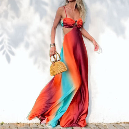 Women’s Maxi Dress – Flowy Fit – Spaghetti Straps – Gradient – Ring Detail Bust