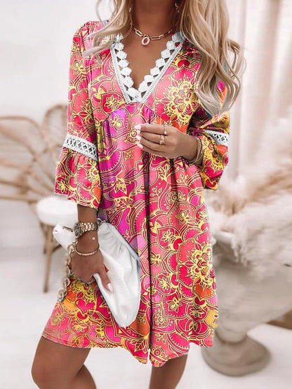 Women's Floral Dress - Loose Fit - V-Neck Lace Detail - Three-Quarter Sleeve Flowy Design