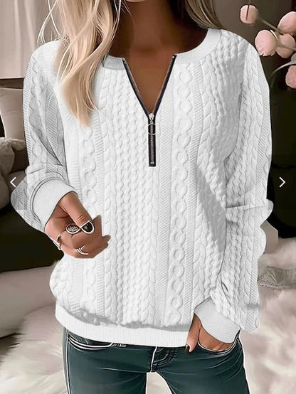 Women’s Sweater – Wool Blend – Cable Knit – Relaxed Fit – Zip Neckline – Ribbed Trim