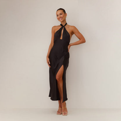Women’s Halter Dress – Satin – Fitted Waist – Keyhole Neck – Front Slit – Full Length