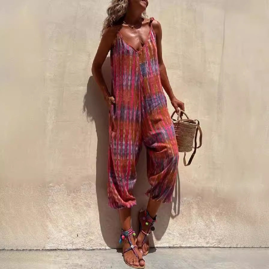 Women’s Jumpsuit – Loose Fit – Adjustable Straps – V-Neck – Tie Waist – Printed Cotton