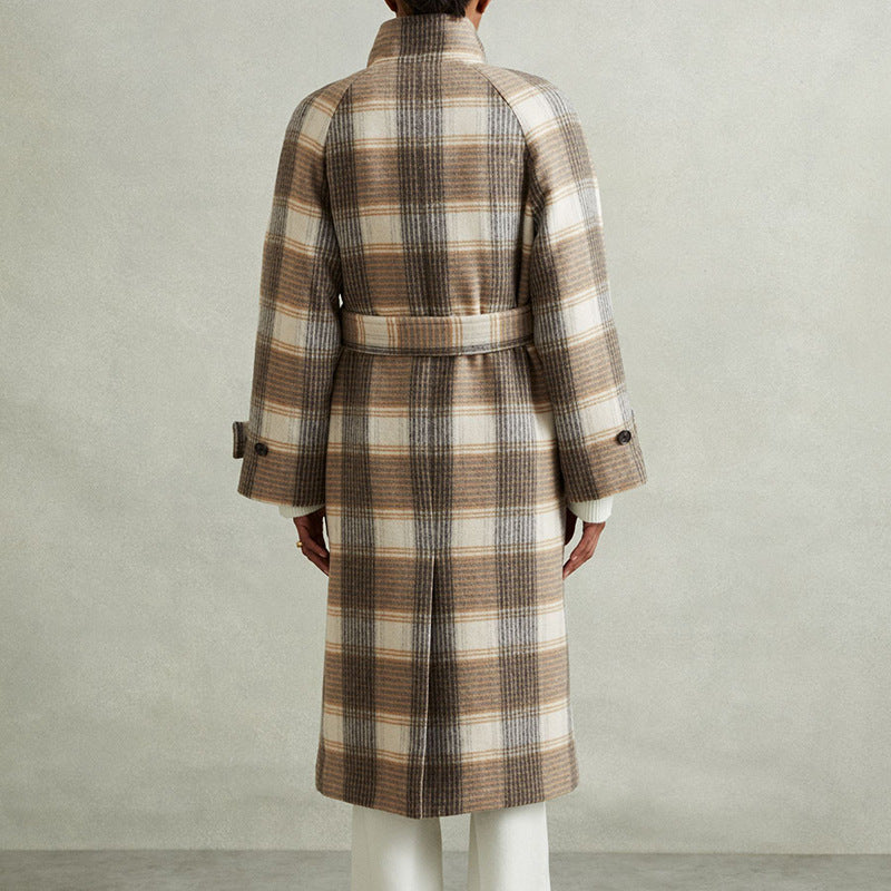 Wool Blend Oversized Check Pattern Trench Coat 