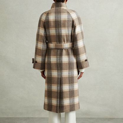 Women’s Trench Coat – Wool Blend – Oversized Fit – Double-Breasted – Check Pattern
