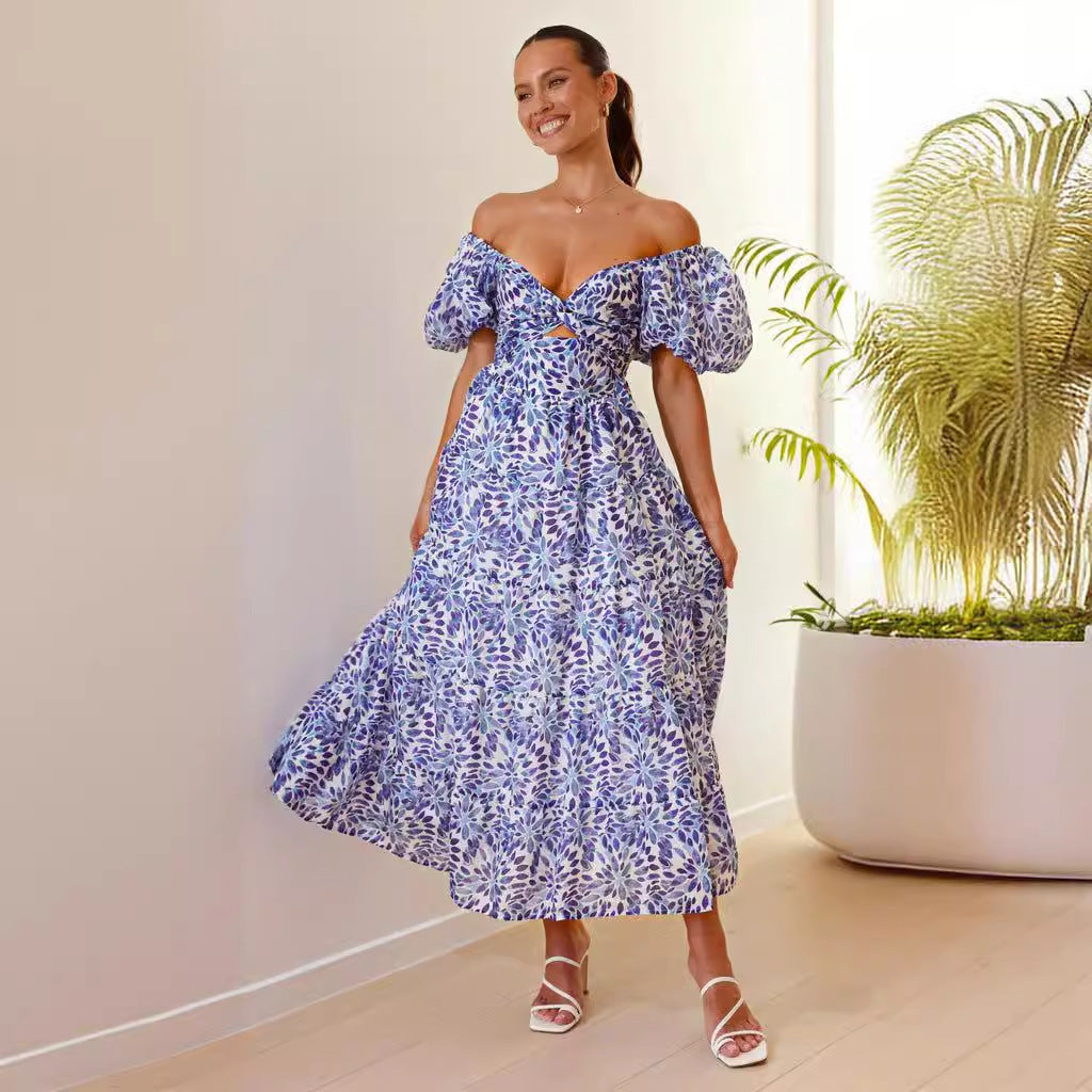 Printed Off-Shoulder Smocked Waist Maxi Dress