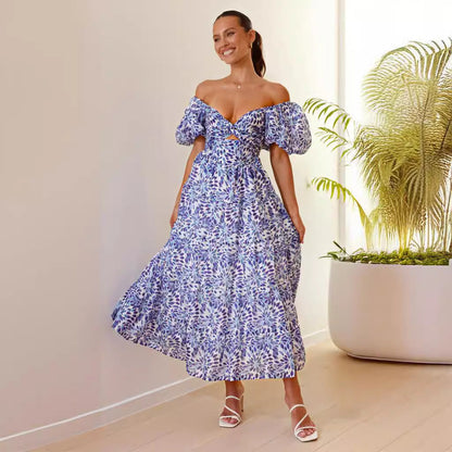Women’s Maxi Dress – Off-Shoulder – Puff Sleeve – Smocked Waist – Tiered Skirt – Printed