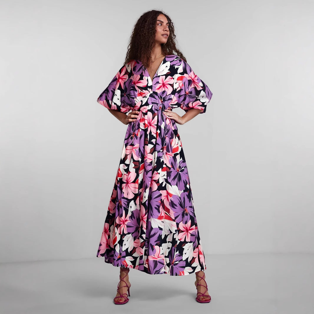 Women’s Midi Dress – V-Neck – High Waist – Printed – Short Wide Sleeves – Slit Skirt
