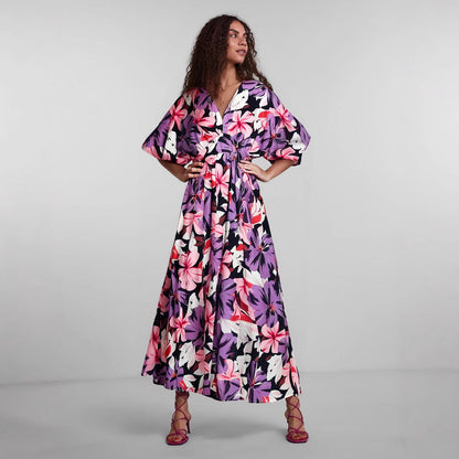 Women’s Midi Dress – V-Neck – High Waist – Printed – Short Wide Sleeves – Slit Skirt