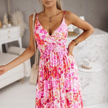 Women’s Maxi Dress – V-Neck Crossover – Floral Print – Adjustable Straps – Cotton Blend