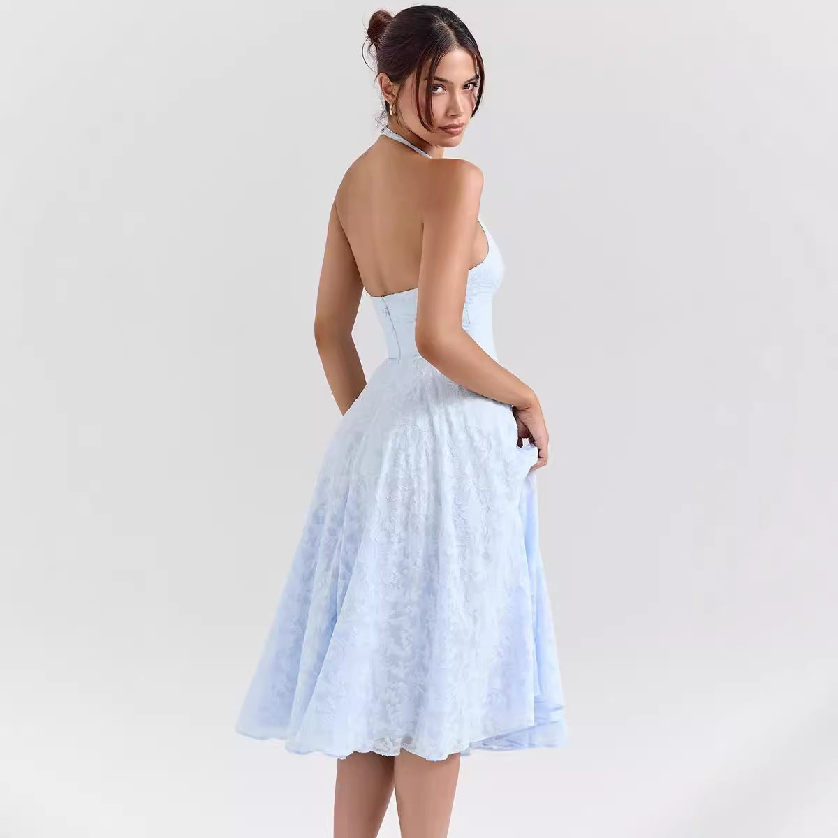 Women’s Halter Dress – Slim Fit – Satin Finish – Deep V-Neck – Midi A-Line Skirt
