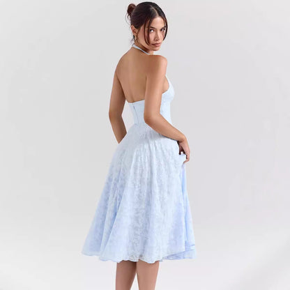 Women’s Halter Dress – Slim Fit – Satin Finish – Deep V-Neck – Midi A-Line Skirt
