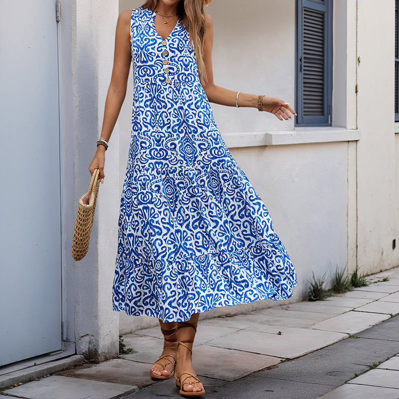 Women’s Midi Dress – V-Neck – Sleeveless – Relaxed Fit – Abstract Print – A-Line