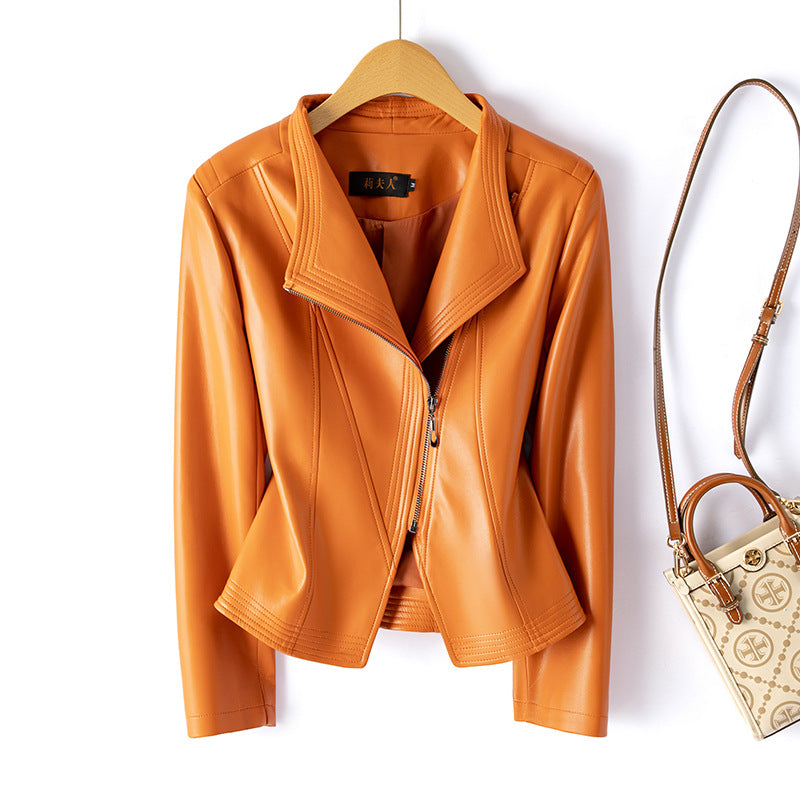 Women’s Jacket - Faux Leather - Cropped Length - Notched Collar - Asymmetrical Zipper