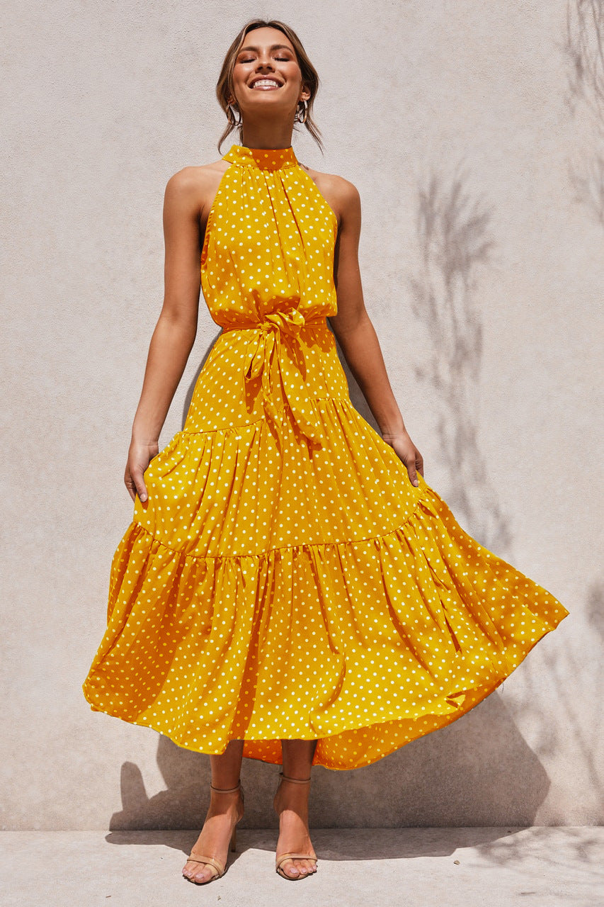 Women's Polka Dot Halter Maxi Dress – Elegant & Lightweight A-Line Fit