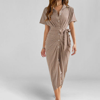 Women’s Midi Dress – Cotton Blend – V-Neck – Short Sleeve – Button Front – Tie Waist